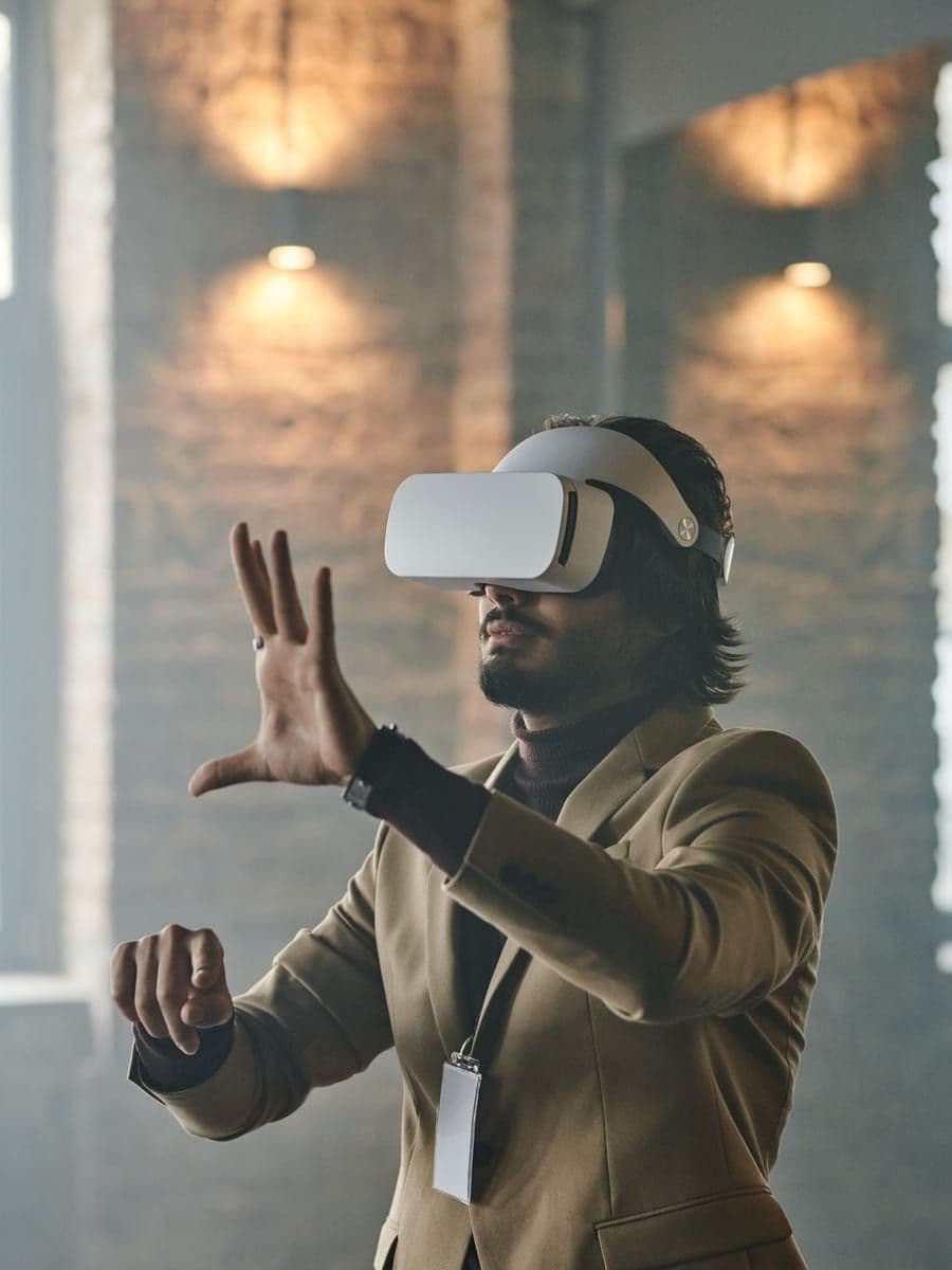 Profissional de blazer e crachá corporativo utilizando óculos de realidade virtual em um escritório